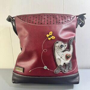 Chala Burgundy Faux Leather Cat Butterfly Crossbody Bag Whimsical Messenger